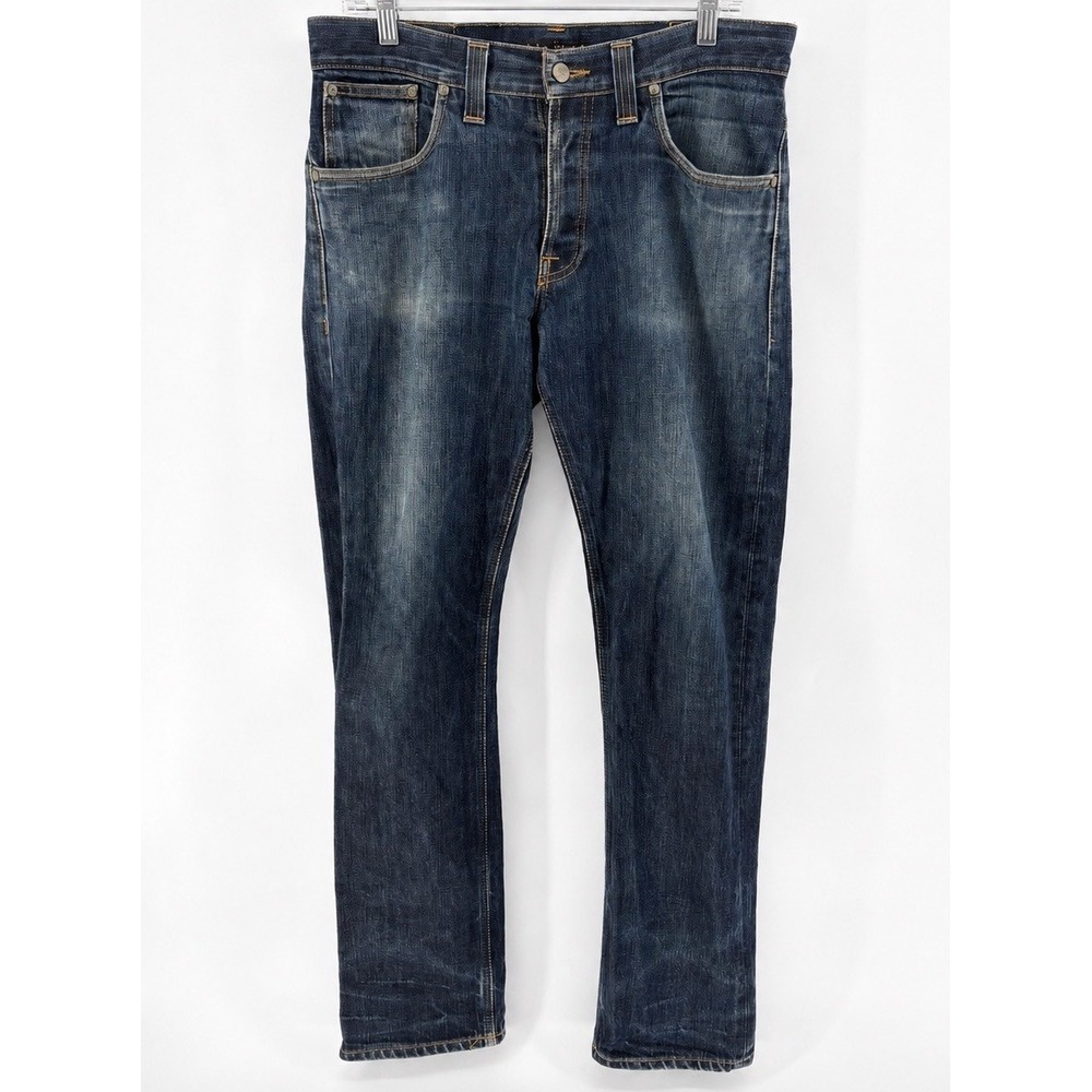 Nudie Jeans Co Mens 34x34 Blue Indigo Denim Straight Leg Faded Whiskered Jeans